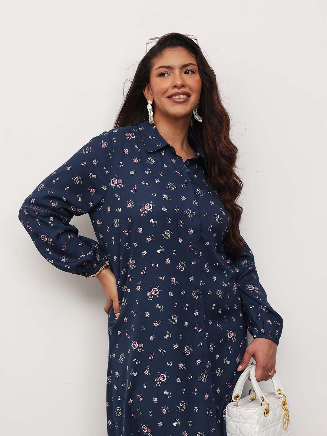 Navy Ditsy Floral Longline Shirt Dress-SASSAFRAS Curve