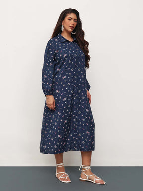 Navy Ditsy Floral Longline Shirt Dress-SASSAFRAS Curve