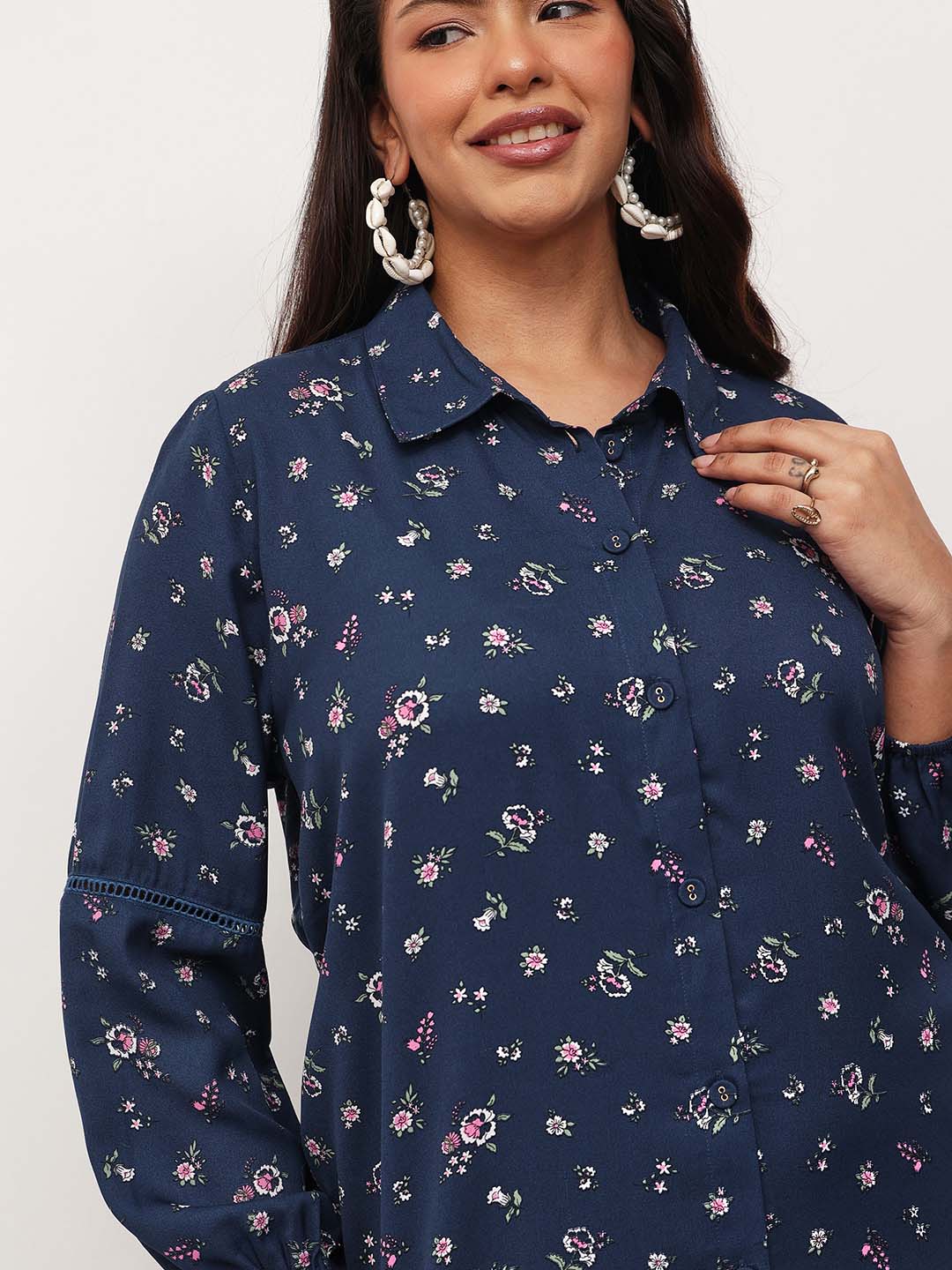 Navy Ditsy Floral Longline Shirt Dress-SASSAFRAS Curve