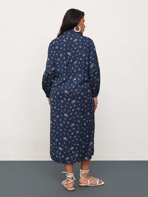 Navy Ditsy Floral Longline Shirt Dress-SASSAFRAS Curve