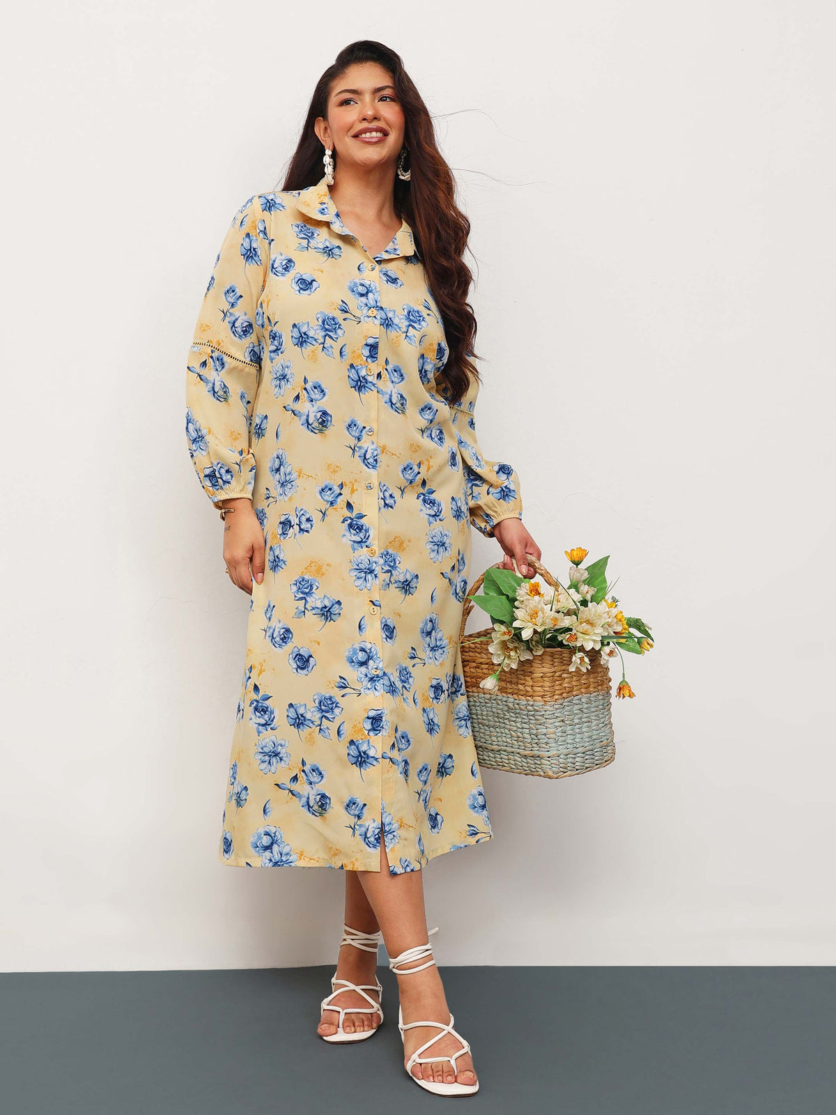 Yellow Floral Longline Shirt Dress-SASSAFRAS Curve