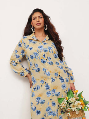 Yellow Floral Longline Shirt Dress-SASSAFRAS Curve