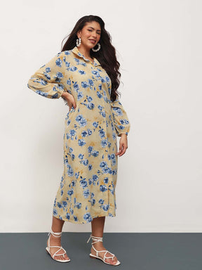 Yellow Floral Longline Shirt Dress-SASSAFRAS Curve