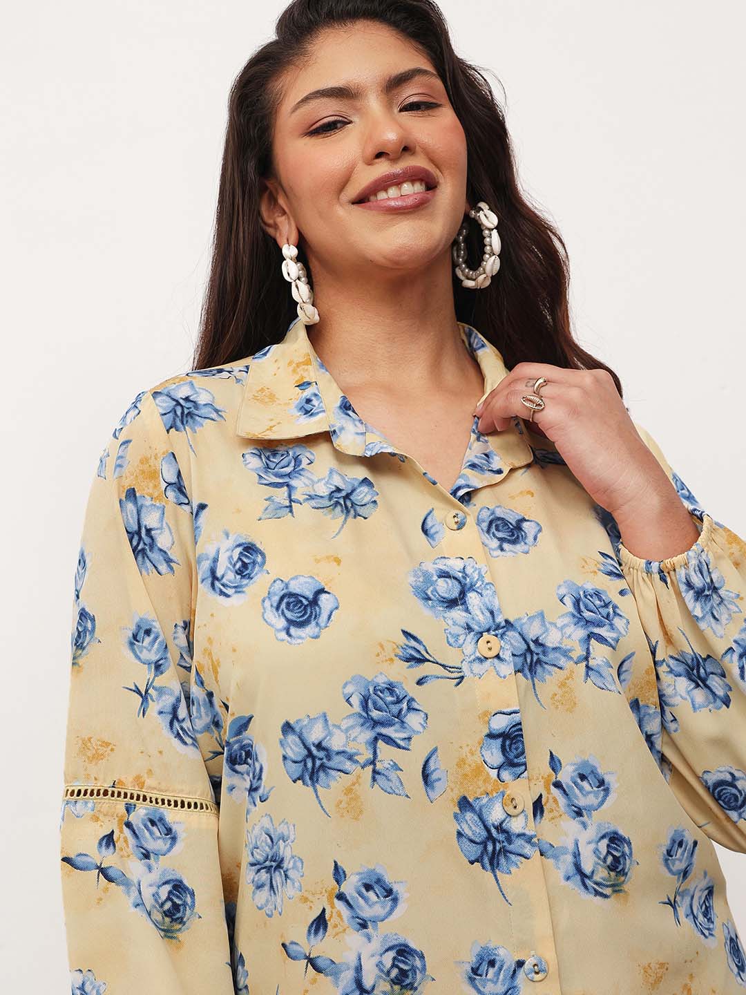 Yellow Floral Longline Shirt Dress-SASSAFRAS Curve