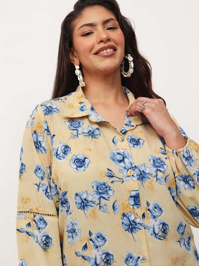 Yellow Floral Longline Shirt Dress-SASSAFRAS Curve