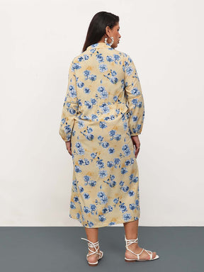 Yellow Floral Longline Shirt Dress-SASSAFRAS Curve
