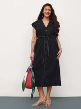 Black Blast Denim Notch Collar Button Down Midi Dress-SASSAFRAS Curve