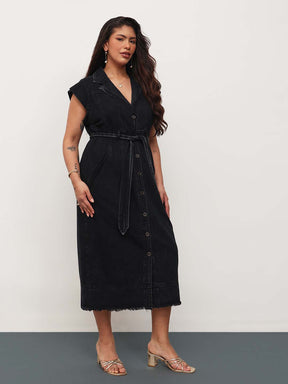 Black Blast Denim Notch Collar Button Down Midi Dress-SASSAFRAS Curve