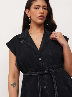 Black Blast Denim Notch Collar Button Down Midi Dress-SASSAFRAS Curve