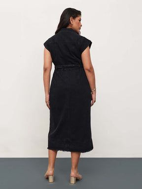 Black Blast Denim Notch Collar Button Down Midi Dress-SASSAFRAS Curve