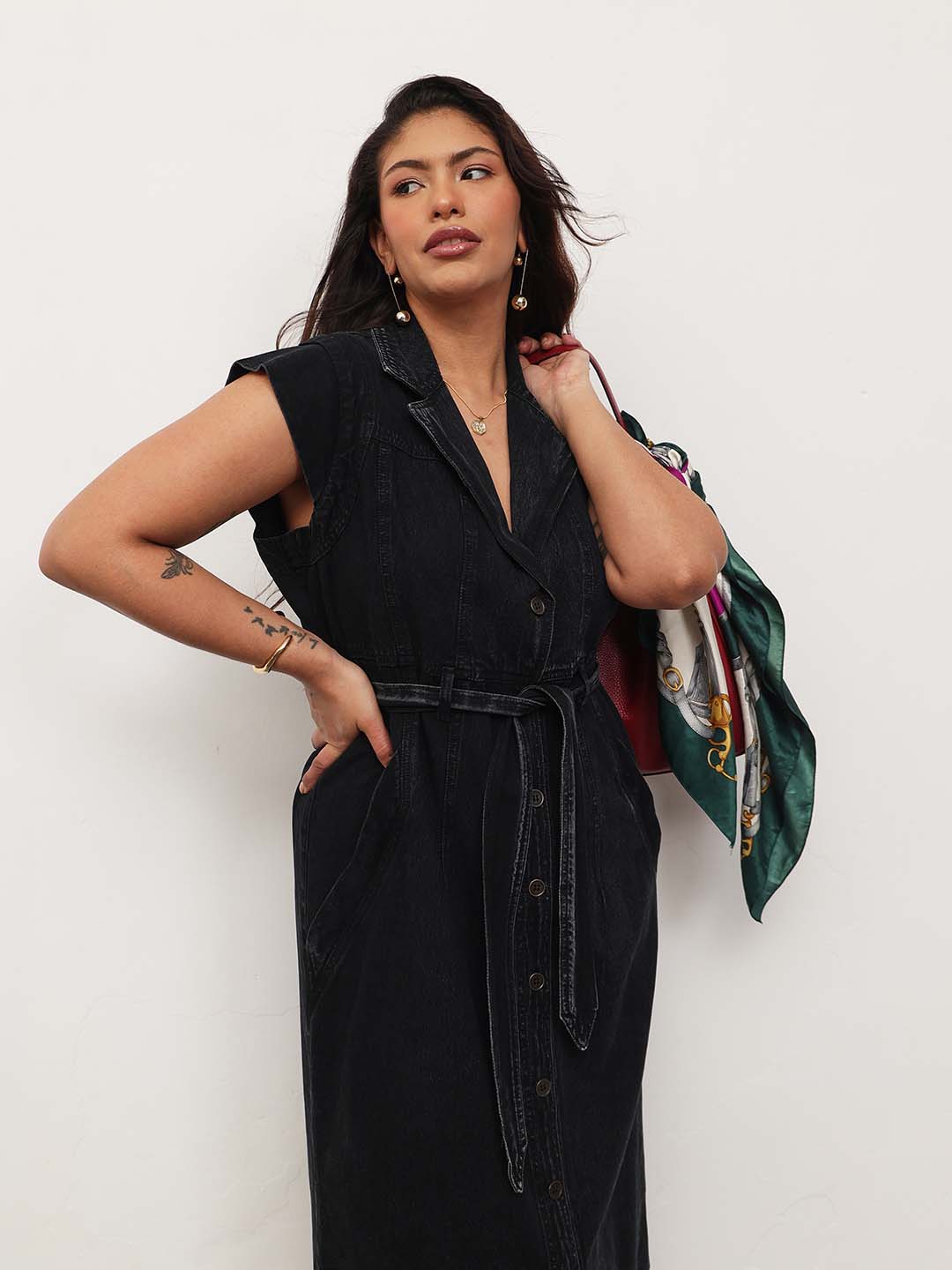 Women Black Blast Denim Notch Collar Button Down Midi Dress
