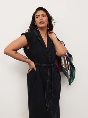 Women Black Blast Denim Notch Collar Button Down Midi Dress
