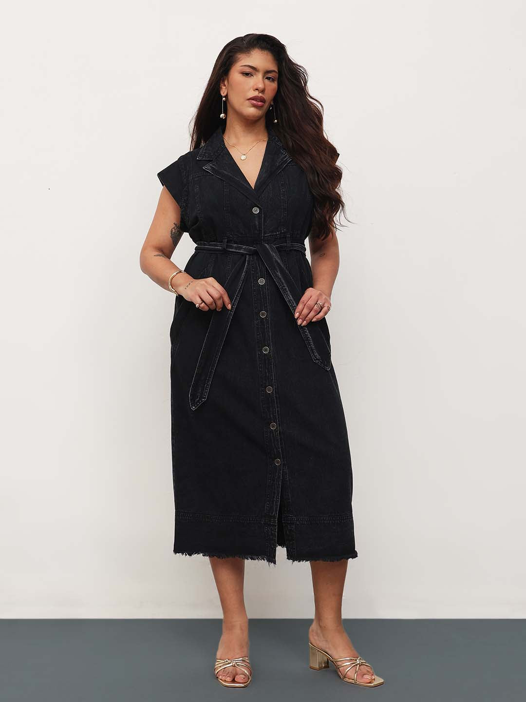 Women Black Blast Denim Notch Collar Button Down Midi Dress