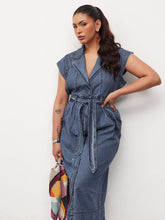 Blue Blast Denim Notch Collar Button Down Midi Dress-SASSAFRAS Curve