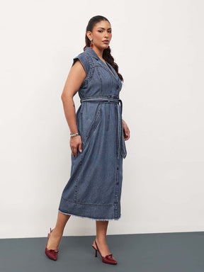 Blue Blast Denim Notch Collar Button Down Midi Dress-SASSAFRAS Curve