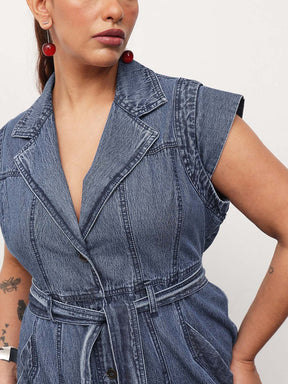 Blue Blast Denim Notch Collar Button Down Midi Dress-SASSAFRAS Curve