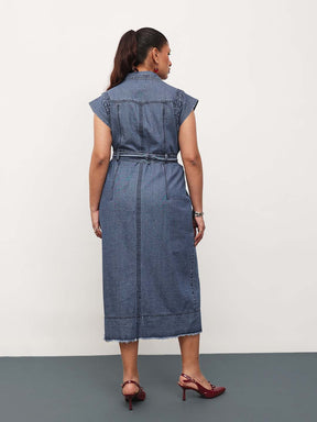 Blue Blast Denim Notch Collar Button Down Midi Dress-SASSAFRAS Curve