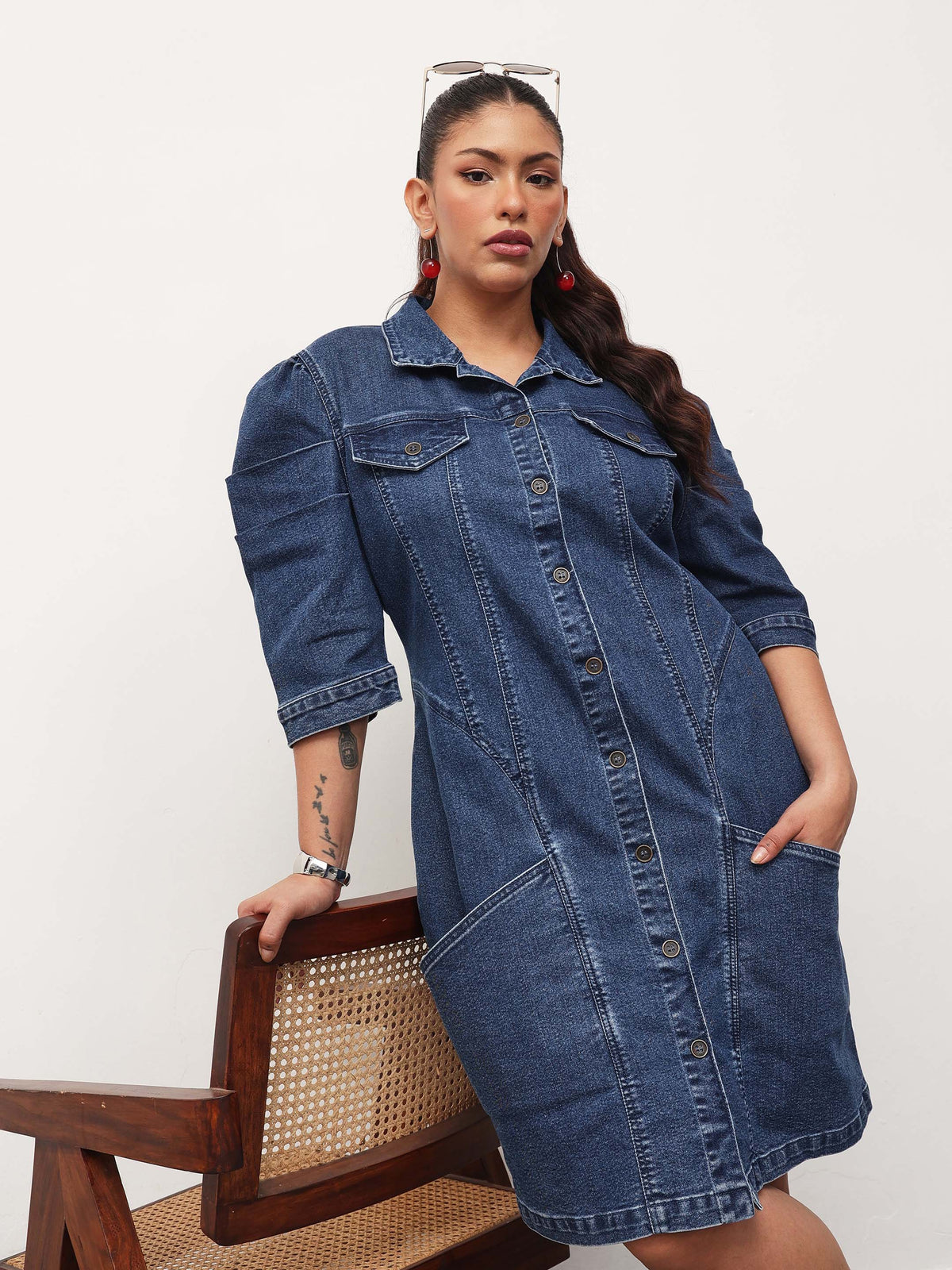 Blue Blast Denim Collar Neck Front Button Short Dress-SASSAFRAS Curve