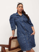 Blue Blast Denim Collar Neck Front Button Short Dress-SASSAFRAS Curve