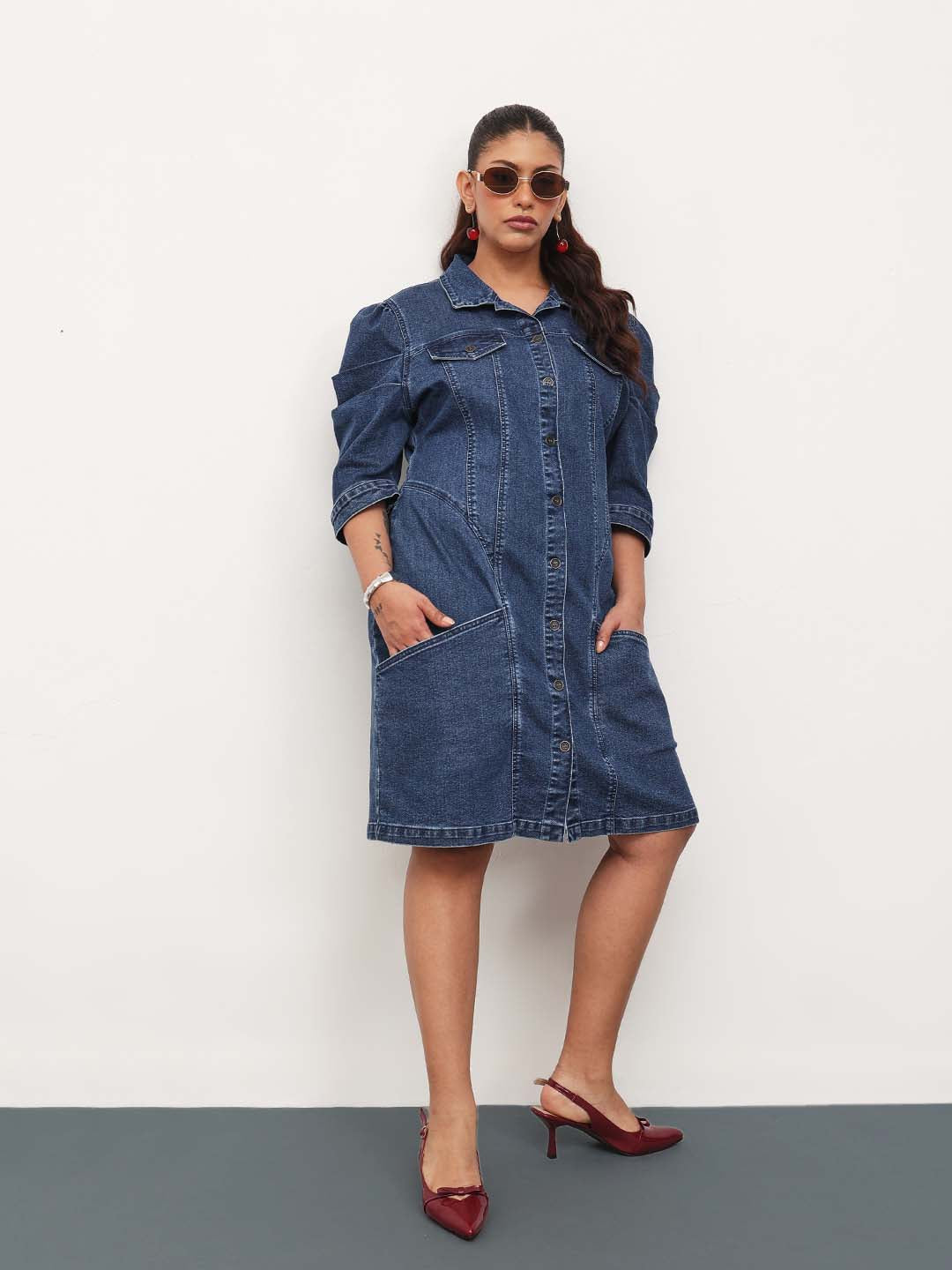 Blue Blast Denim Collar Neck Front Button Short Dress-SASSAFRAS Curve