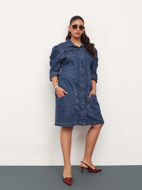 Blue Blast Denim Collar Neck Front Button Short Dress-SASSAFRAS Curve