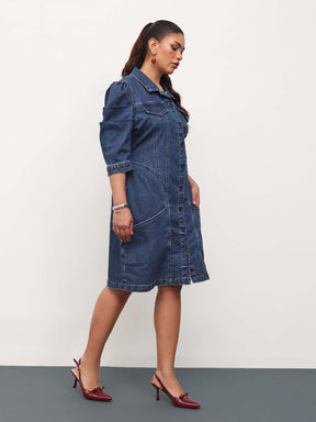 Blue Blast Denim Collar Neck Front Button Short Dress-SASSAFRAS Curve