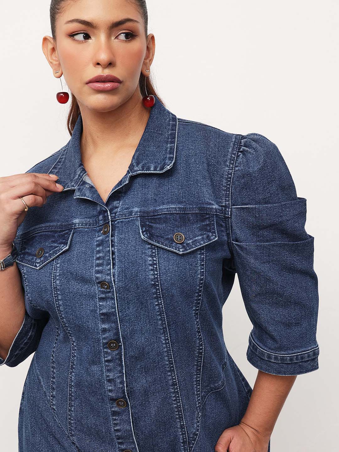 Blue Blast Denim Collar Neck Front Button Short Dress-SASSAFRAS Curve