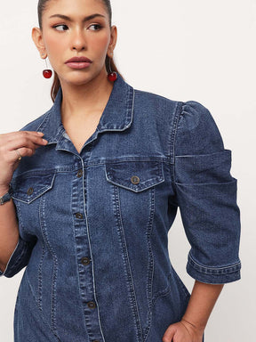 Blue Blast Denim Collar Neck Front Button Short Dress-SASSAFRAS Curve