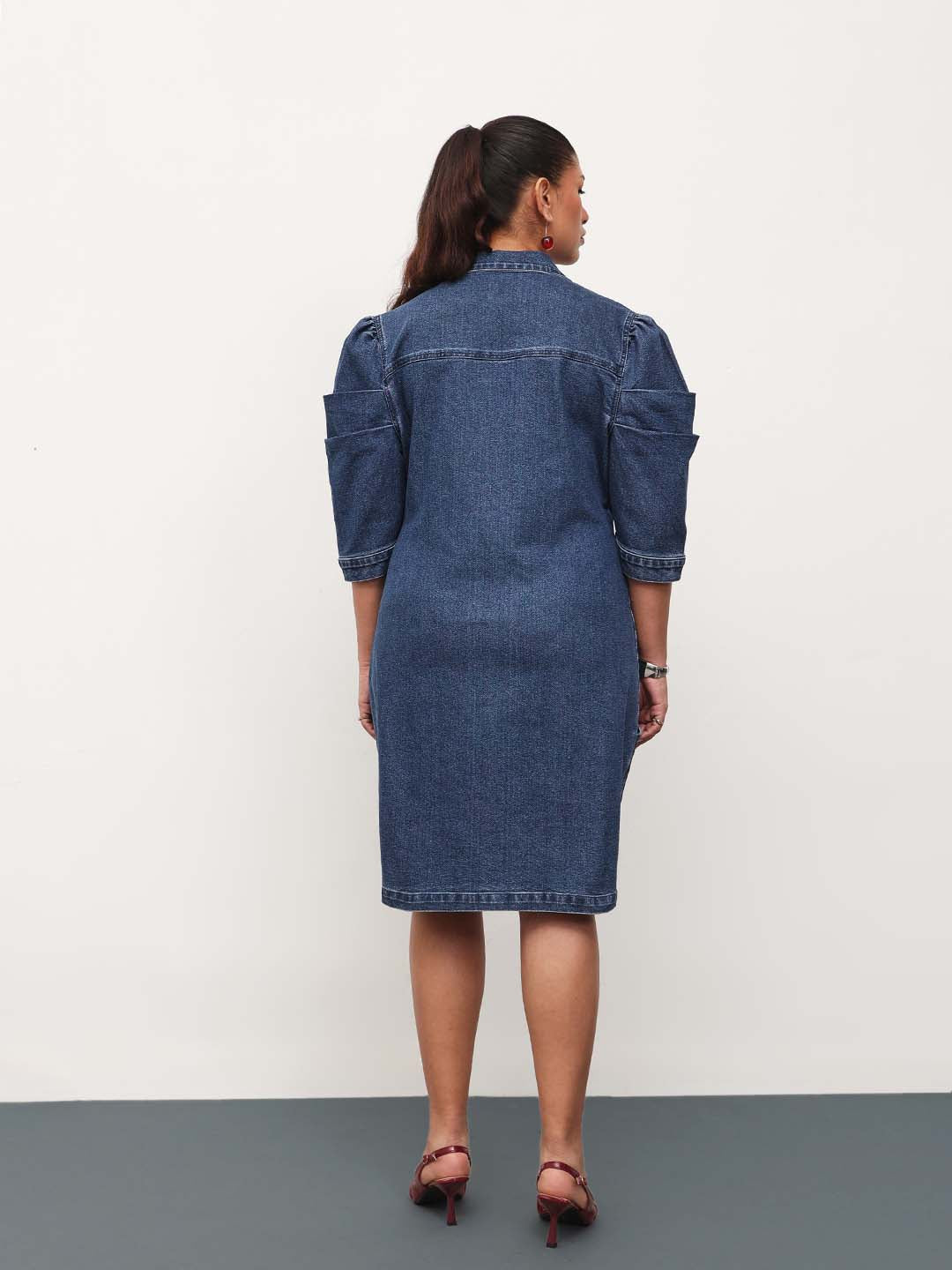 Blue Blast Denim Collar Neck Front Button Short Dress-SASSAFRAS Curve