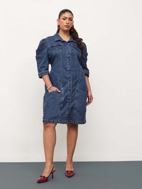 Women Blue Blast Denim Collar Neck Front Button Short Dress