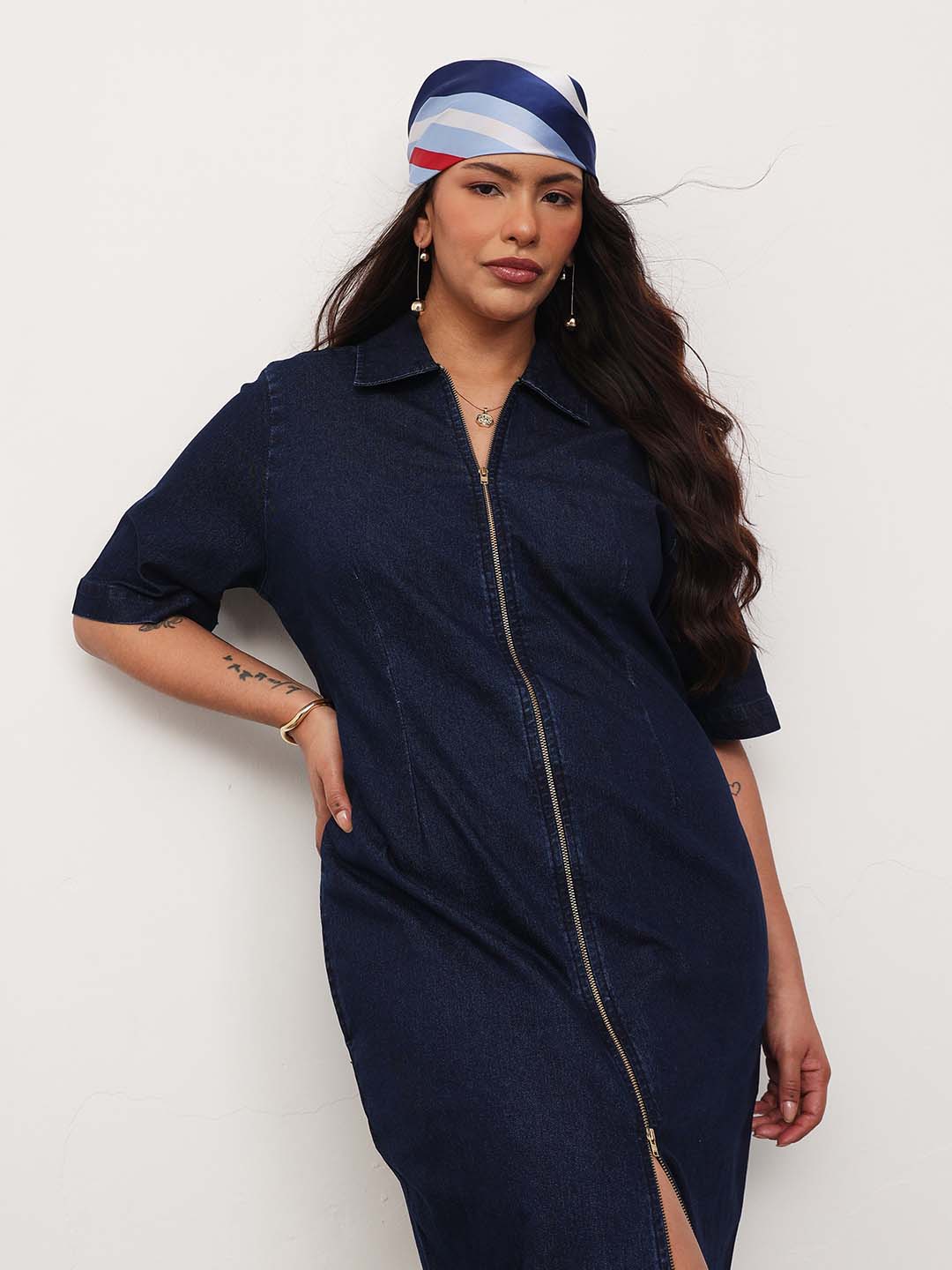 Navy Blue Denim Front Zipper Bodycon Midi Dress-SASSAFRAS Curve