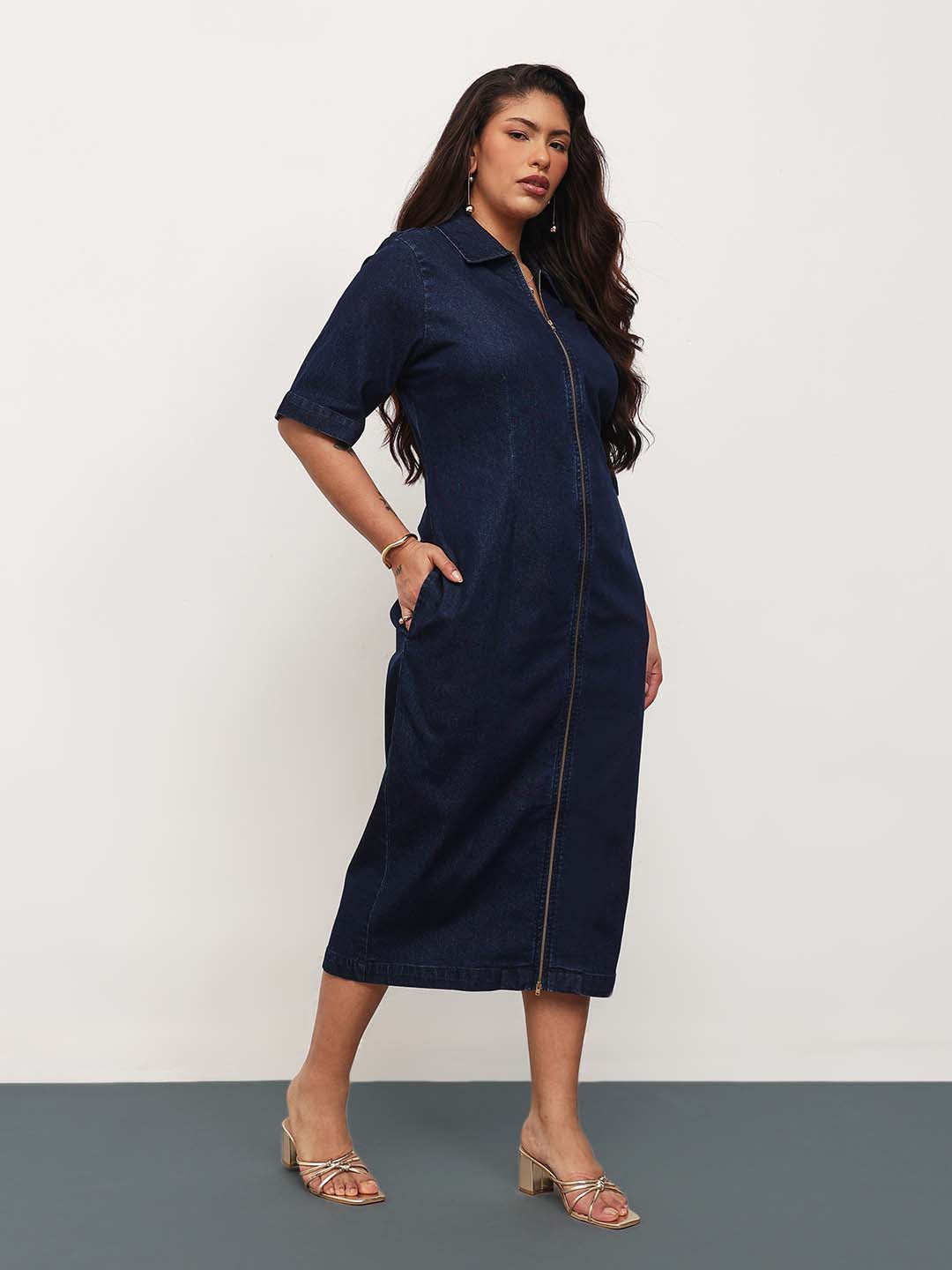 Navy Blue Denim Front Zipper Bodycon Midi Dress-SASSAFRAS Curve