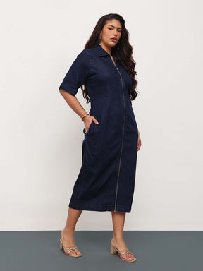 Navy Blue Denim Front Zipper Bodycon Midi Dress-SASSAFRAS Curve