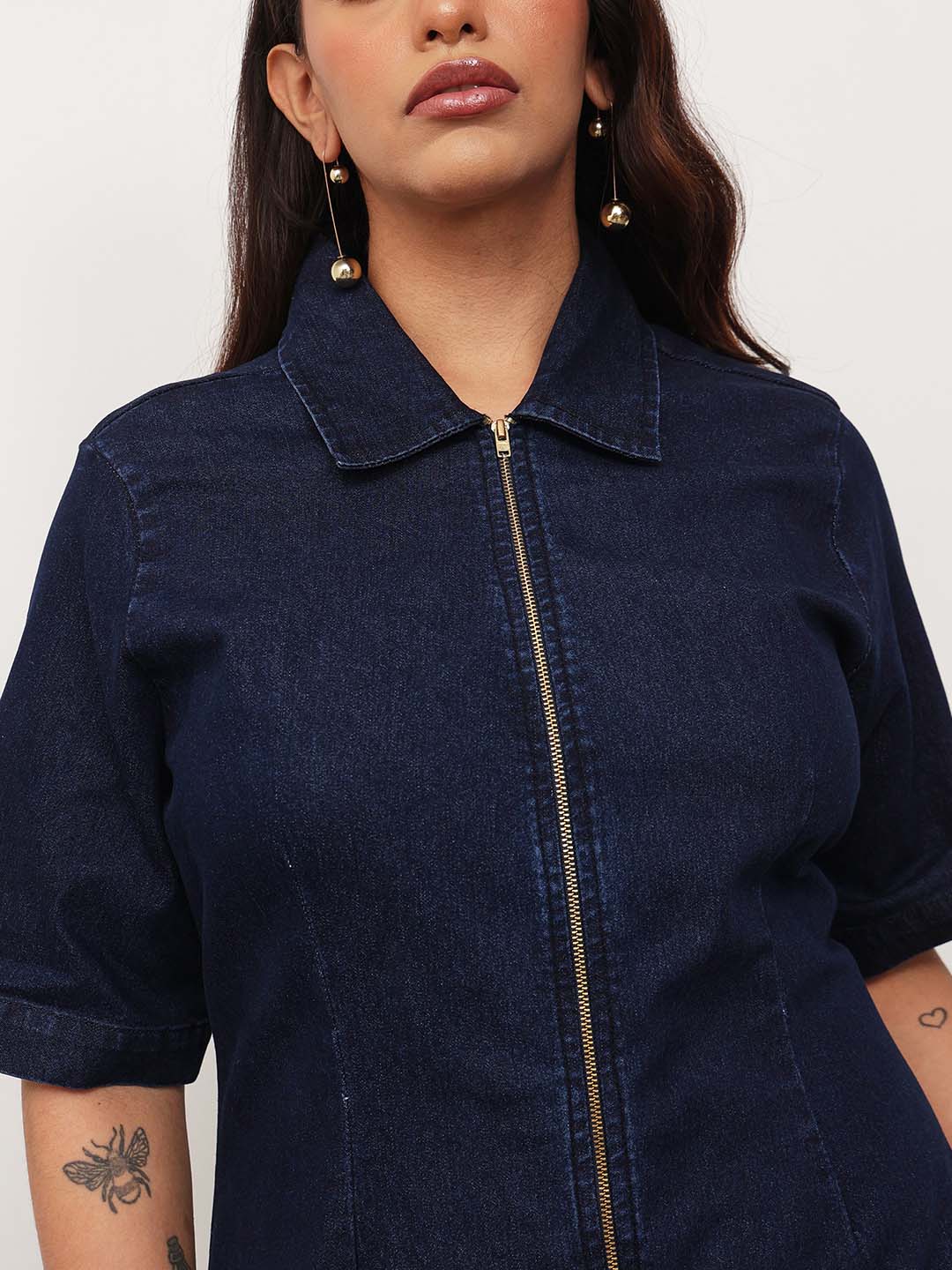 Buy Women Navy Blue Denim Front Zipper Bodycon Midi Dress Online at Best  Price - Sassafras