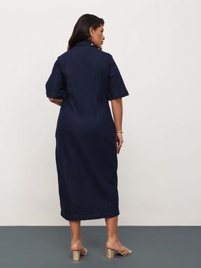 Navy Blue Denim Front Zipper Bodycon Midi Dress-SASSAFRAS Curve
