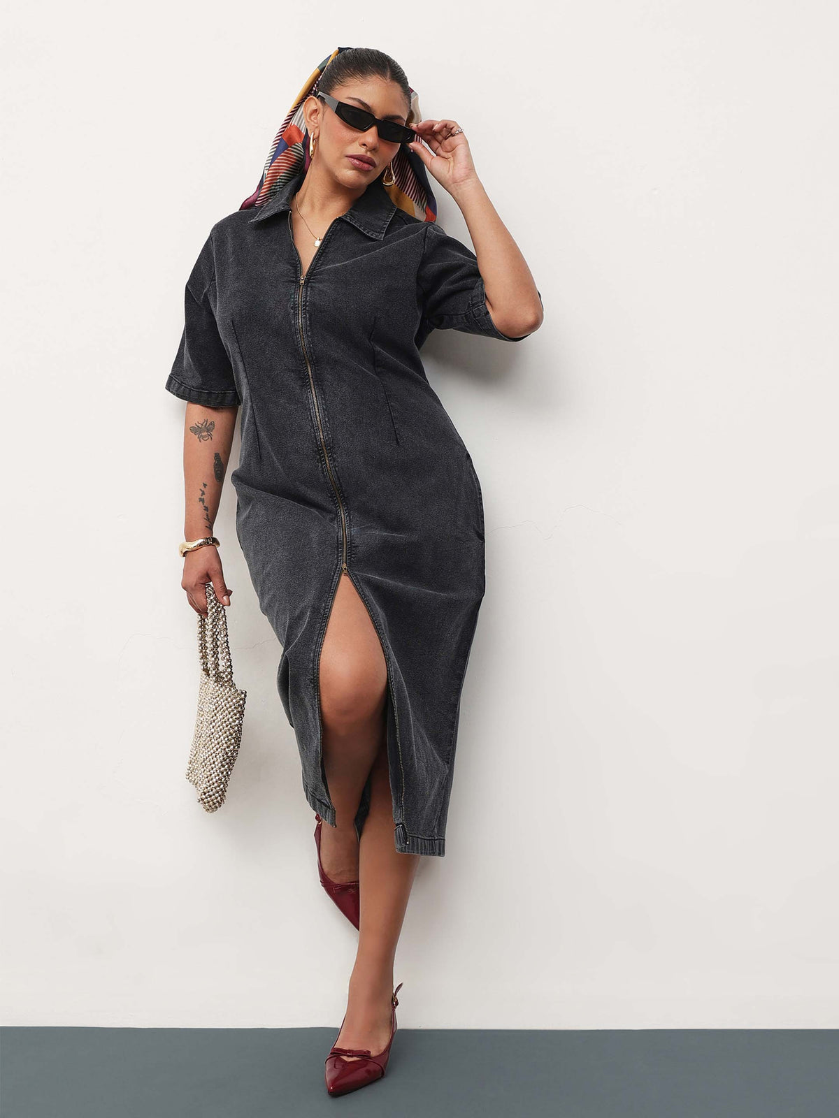 Black Wash Denim Front Zipper Bodycon Midi Dress-SASSAFRAS Curve