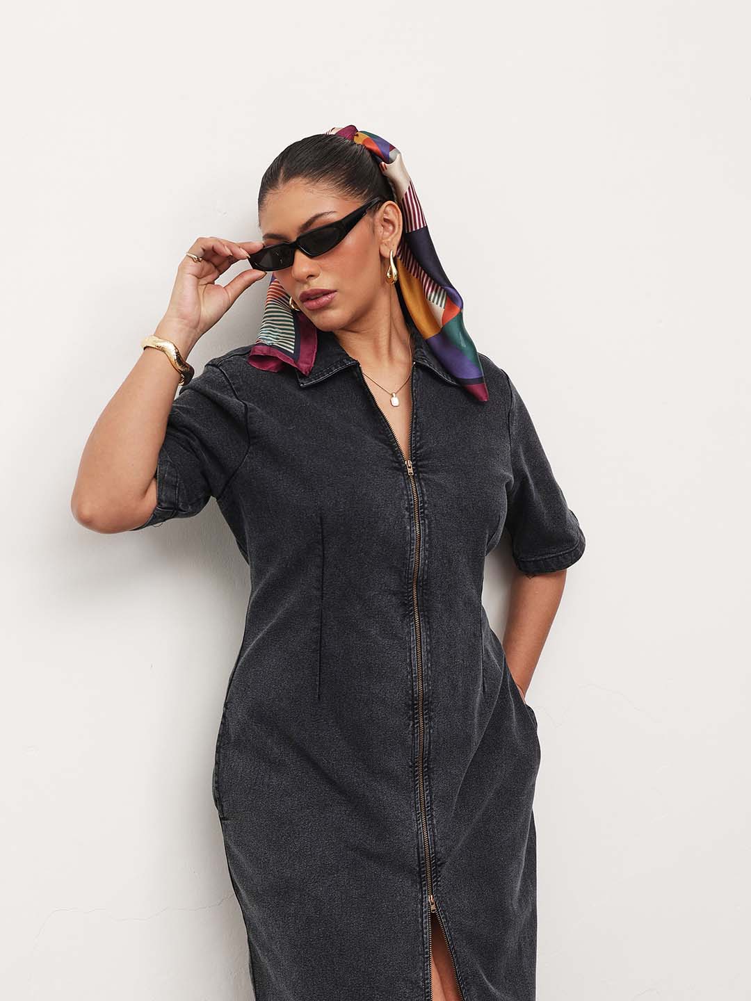 Black Wash Denim Front Zipper Bodycon Midi Dress-SASSAFRAS Curve