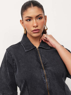 Black Wash Denim Front Zipper Bodycon Midi Dress-SASSAFRAS Curve