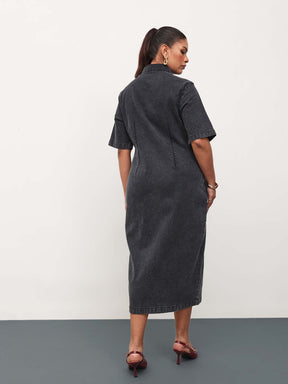 Black Wash Denim Front Zipper Bodycon Midi Dress-SASSAFRAS Curve