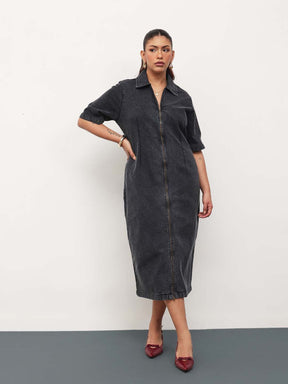 Women Black Wash Denim Front Zipper Bodycon Midi Dress