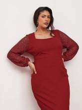 Red Square Neck Lace Sleeves Bodycon Midi Dress-SASSAFRAS Curve