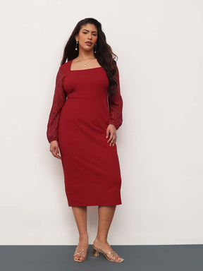 Red Square Neck Lace Sleeves Bodycon Midi Dress-SASSAFRAS Curve