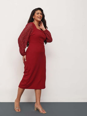 Red Square Neck Lace Sleeves Bodycon Midi Dress-SASSAFRAS Curve