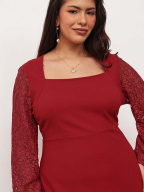 Red Square Neck Lace Sleeves Bodycon Midi Dress-SASSAFRAS Curve