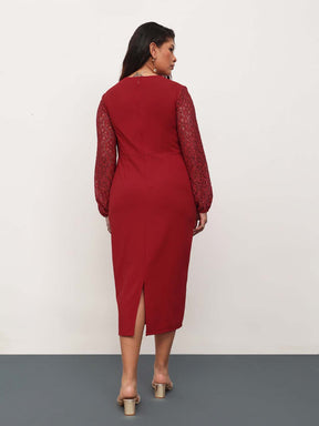 Red Square Neck Lace Sleeves Bodycon Midi Dress-SASSAFRAS Curve