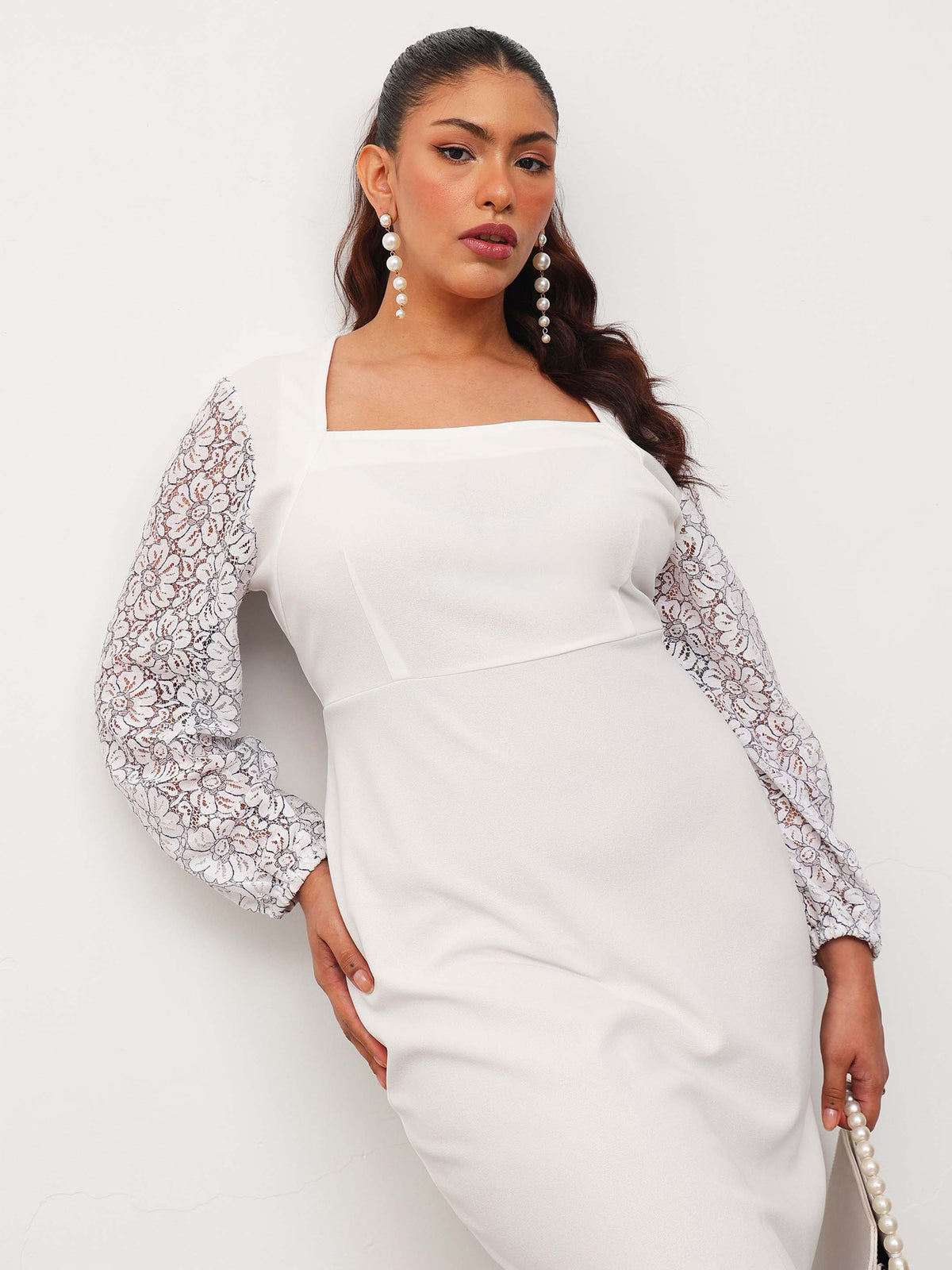 White Square Neck Lace Sleeves Bodycon Midi Dress-SASSAFRAS Curve