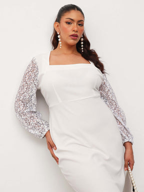 White Square Neck Lace Sleeves Bodycon Midi Dress-SASSAFRAS Curve