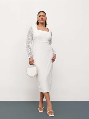 White Square Neck Lace Sleeves Bodycon Midi Dress-SASSAFRAS Curve