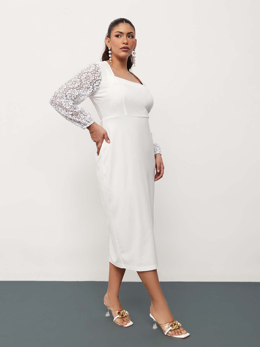 White Square Neck Lace Sleeves Bodycon Midi Dress-SASSAFRAS Curve