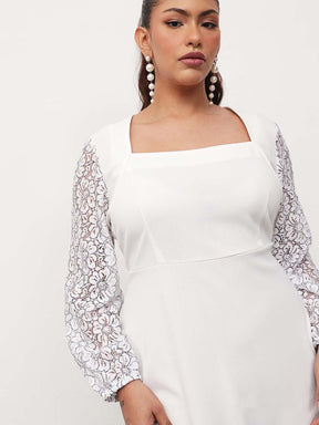 White Square Neck Lace Sleeves Bodycon Midi Dress-SASSAFRAS Curve